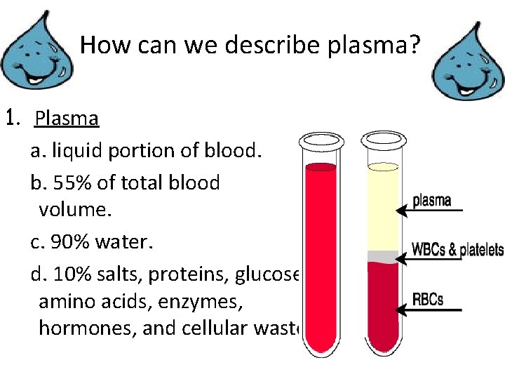 How can we describe plasma? 1. Plasma a. liquid portion of blood. b. 55%