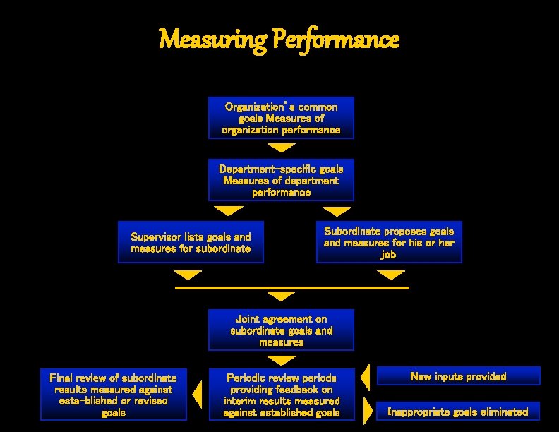 Measuring Performance Organization’s common goals Measures of organization performance Department-specific goals Measures of department