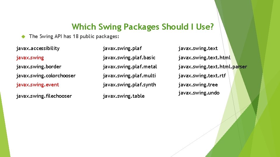 Which Swing Packages Should I Use? The Swing API has 18 public packages: javax. Which Swing Packages Should I Use? The Swing API has 18 public packages: javax.