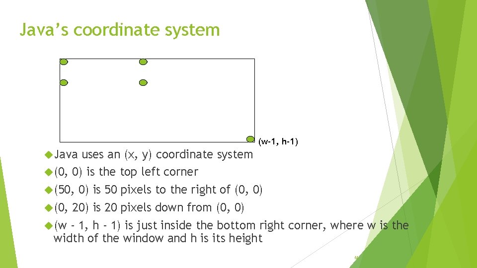 Java’s coordinate system (0, 0) (50, 0) (0, 20) (50, 20) (w-1, h-1) Java Java’s coordinate system (0, 0) (50, 0) (0, 20) (50, 20) (w-1, h-1) Java