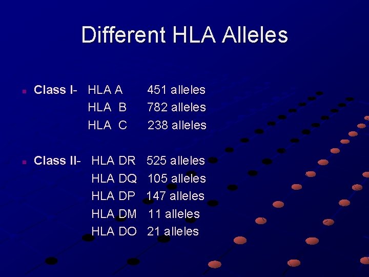Different HLA Alleles n n Class I- HLA A HLA B HLA C 451