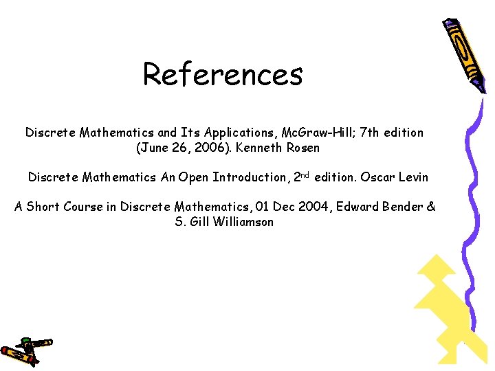 References Discrete Mathematics and Its Applications, Mc. Graw-Hill; 7 th edition (June 26, 2006). References Discrete Mathematics and Its Applications, Mc. Graw-Hill; 7 th edition (June 26, 2006).