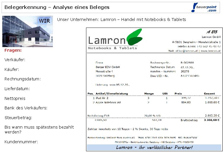 Belegerkennung – Analyse eines Beleges WIR Unser Unternehmen: Lamron – Handel mit Notebooks &