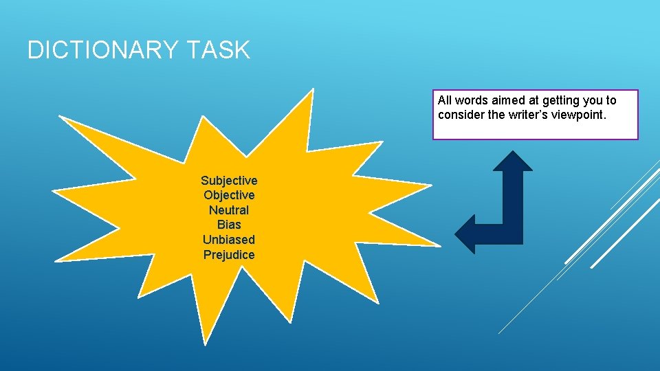DICTIONARY TASK All words aimed at getting you to consider the writer’s viewpoint. Subjective
