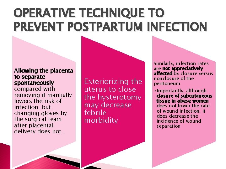 OPERATIVE TECHNIQUE TO PREVENT POSTPARTUM INFECTION Allowing the placenta to separate spontaneously compared with