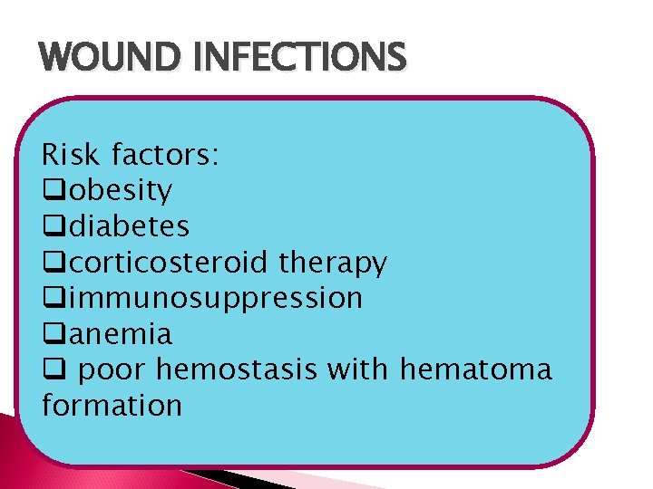 WOUND INFECTIONS Risk factors: qobesity qdiabetes qcorticosteroid therapy qimmunosuppression qanemia q poor hemostasis with