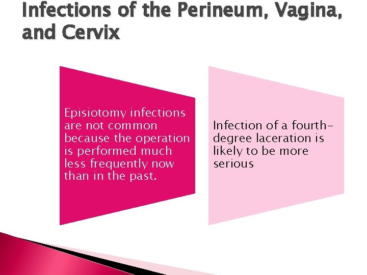 Infections of the Perineum, Vagina, and Cervix Episiotomy infections are not common because the