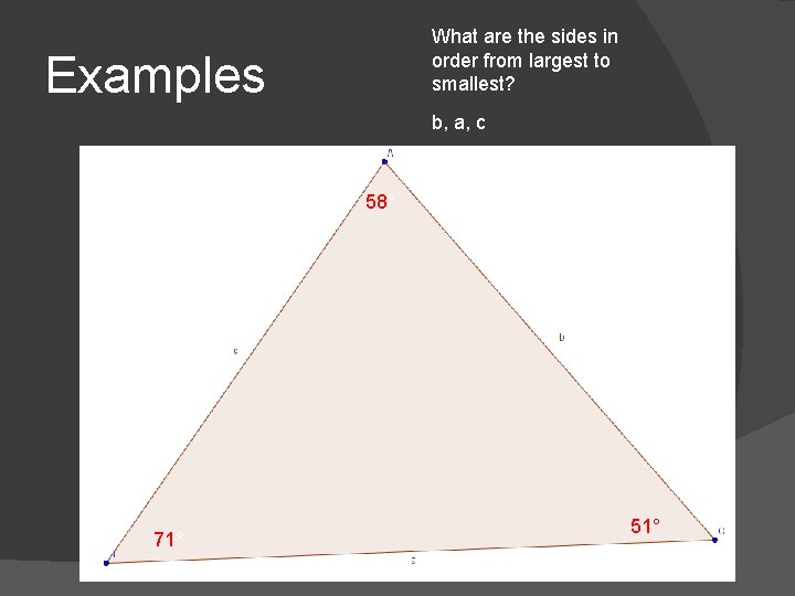 What are the sides in order from largest to smallest? Examples b, a, c