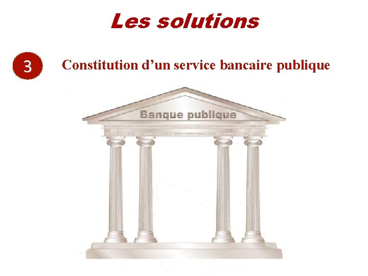 Les solutions 3 Constitution d’un service bancaire publique 
