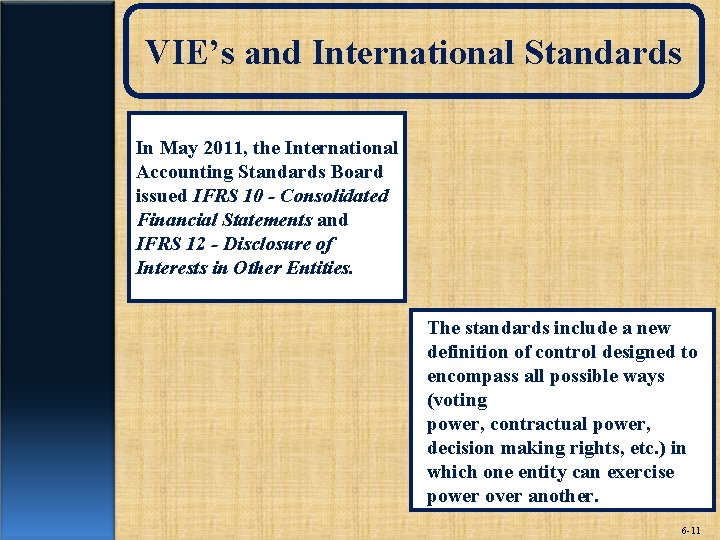 VIE’s and International Standards In May 2011, the International Accounting Standards Board issued IFRS
