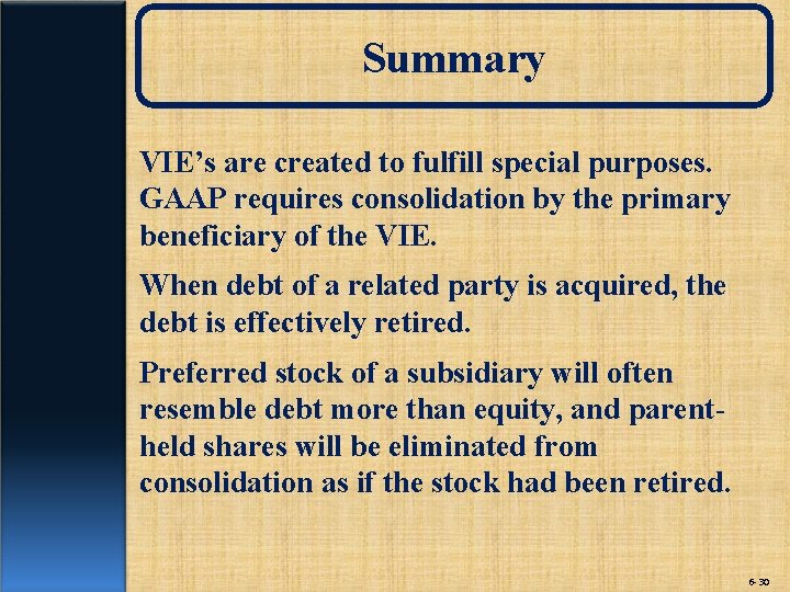 Summary VIE’s are created to fulfill special purposes. GAAP requires consolidation by the primary