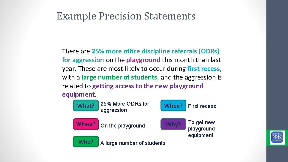 Example Precision Statements There are 25% more office discipline referrals (ODRs) for aggression on Example Precision Statements There are 25% more office discipline referrals (ODRs) for aggression on