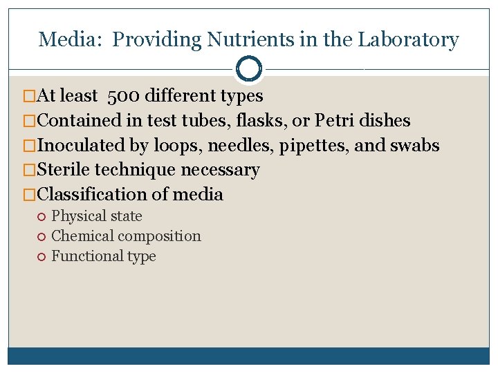 Media: Providing Nutrients in the Laboratory �At least 500 different types �Contained in test