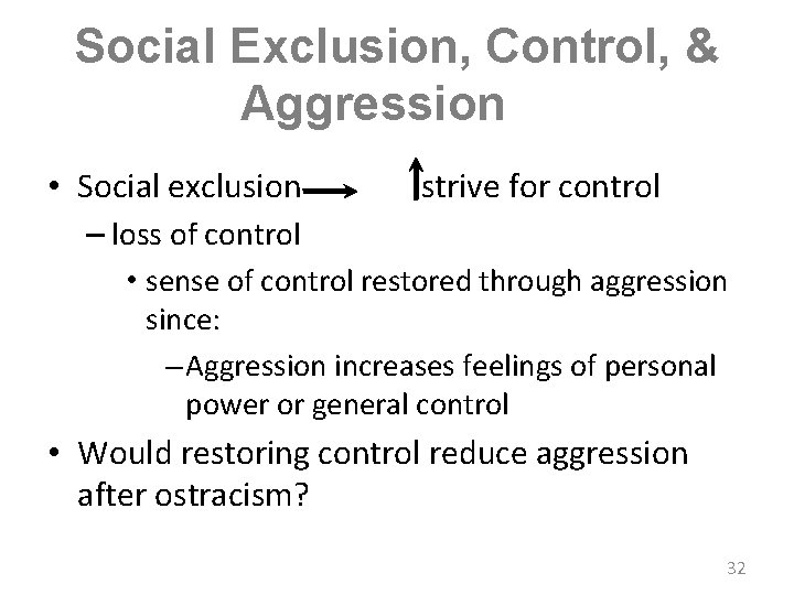 Social Exclusion, Control, & Aggression • Social exclusion strive for control – loss of