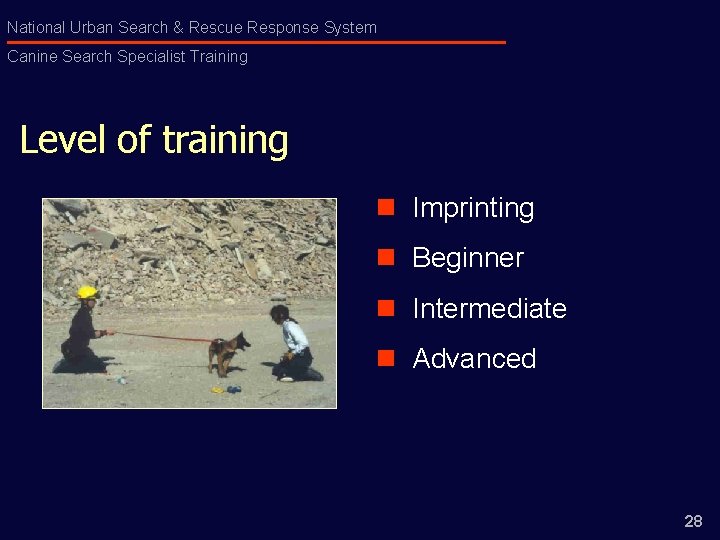 National Urban Search & Rescue Response System Canine Search Specialist Training Level of training