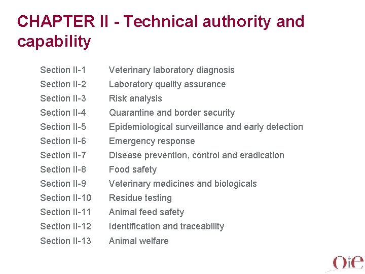 CHAPTER II - Technical authority and capability Section II-1 Veterinary laboratory diagnosis Section II-2