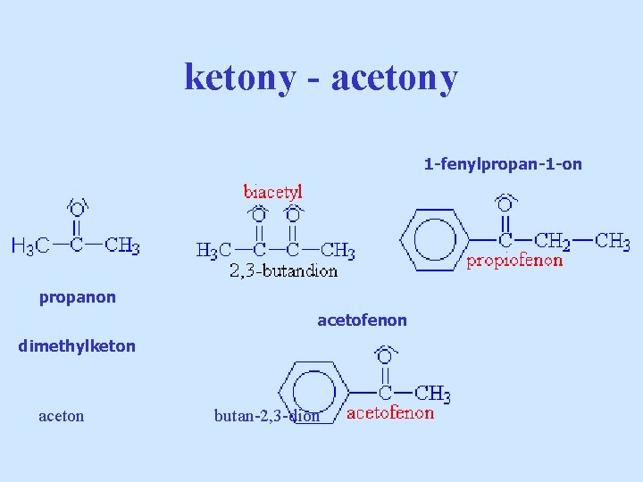 ketony - acetony 1 -fenylpropan-1 -on propanon acetofenon dimethylketon aceton butan-2, 3 -dion 