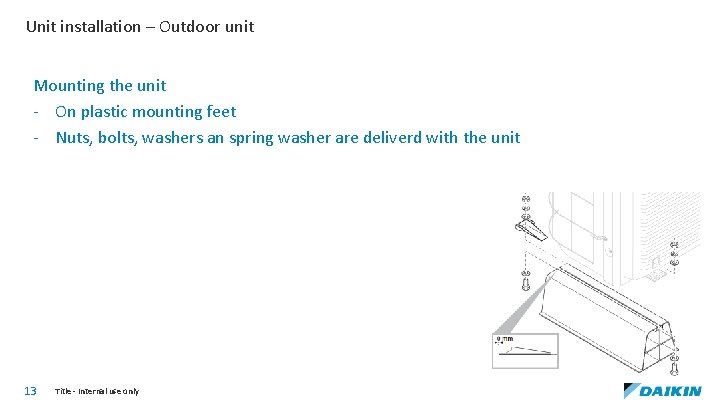 Unit installation – Outdoor unit Mounting the unit - On plastic mounting feet -