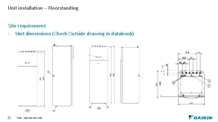 Unit installation – Floorstanding Site requirement - Unit dimensions (Check Outside drawing in databook)