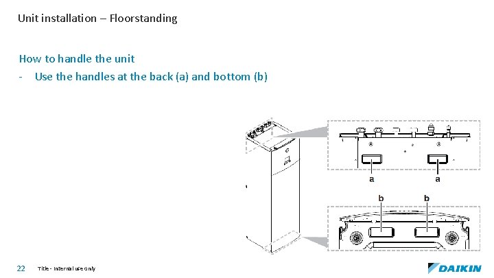 Unit installation – Floorstanding How to handle the unit - Use the handles at
