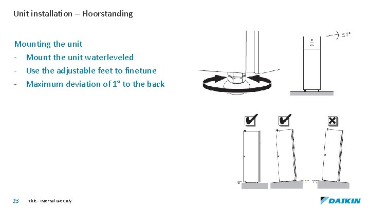 Unit installation – Floorstanding Mounting the unit - Mount the unit waterleveled - Use
