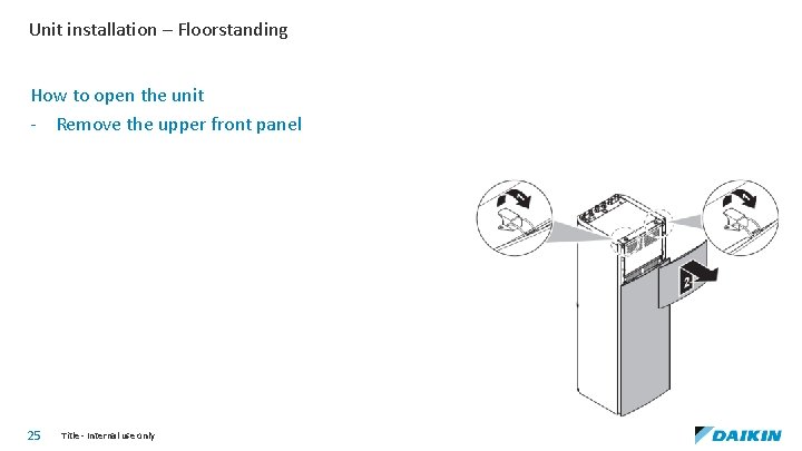 Unit installation – Floorstanding How to open the unit - Remove the upper front