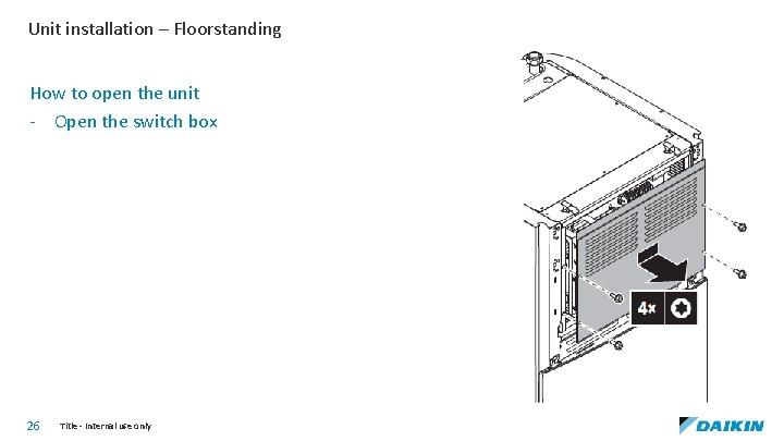Unit installation – Floorstanding How to open the unit - Open the switch box