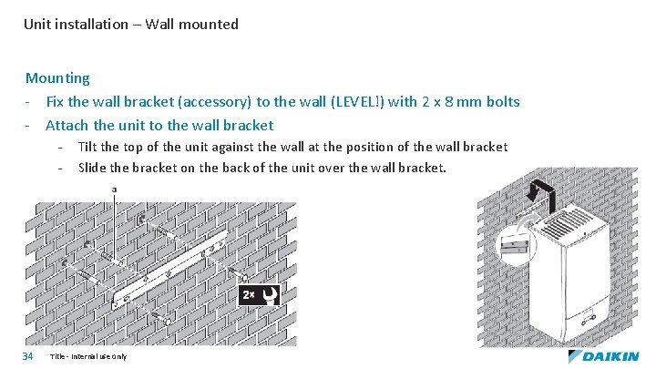 Unit installation – Wall mounted Mounting - Fix the wall bracket (accessory) to the
