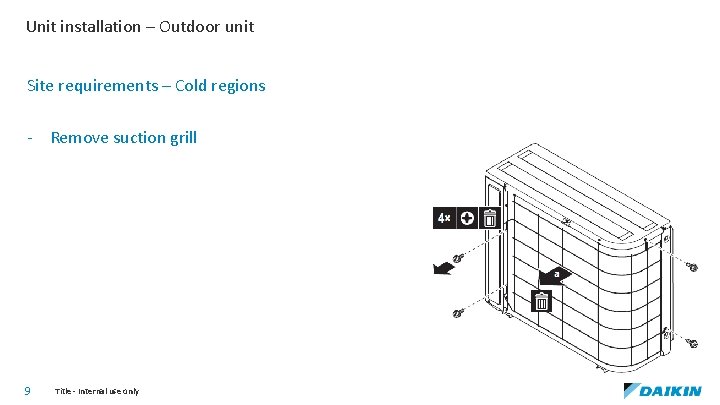 Unit installation – Outdoor unit Site requirements – Cold regions - Remove suction grill