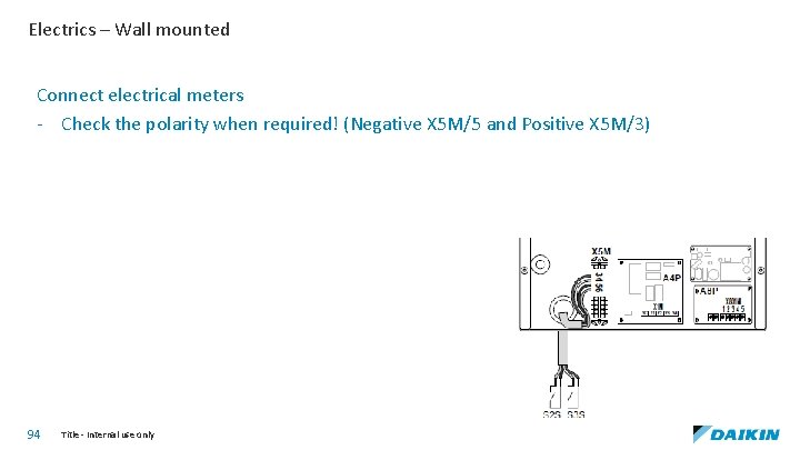 Electrics – Wall mounted Connect electrical meters - Check the polarity when required! (Negative