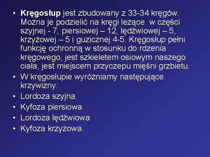  • Kręgosłup jest zbudowany z 33 -34 kręgów. Można je podzielić na kręgi