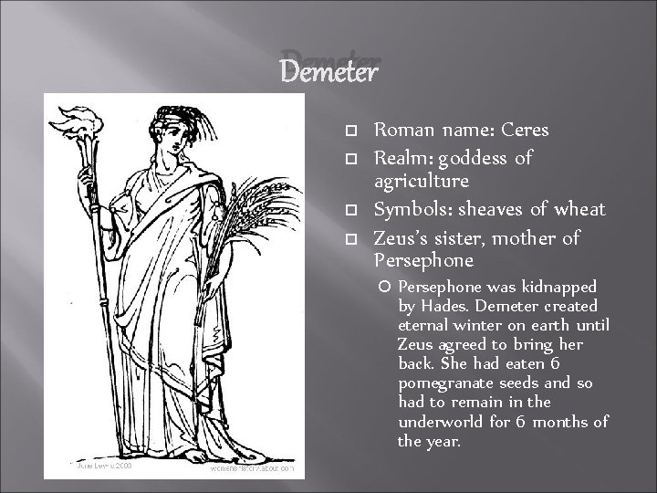 Demeter Roman name: Ceres Realm: goddess of agriculture Symbols: sheaves of wheat Zeus’s sister,