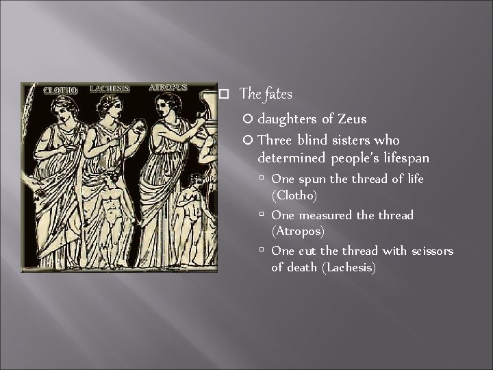  The fates daughters of Zeus Three blind sisters who determined people’s lifespan One