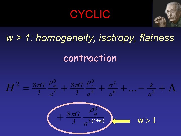 CYCLIC w > 1: homogeneity, isotropy, flatness contraction (1+w) w>1 