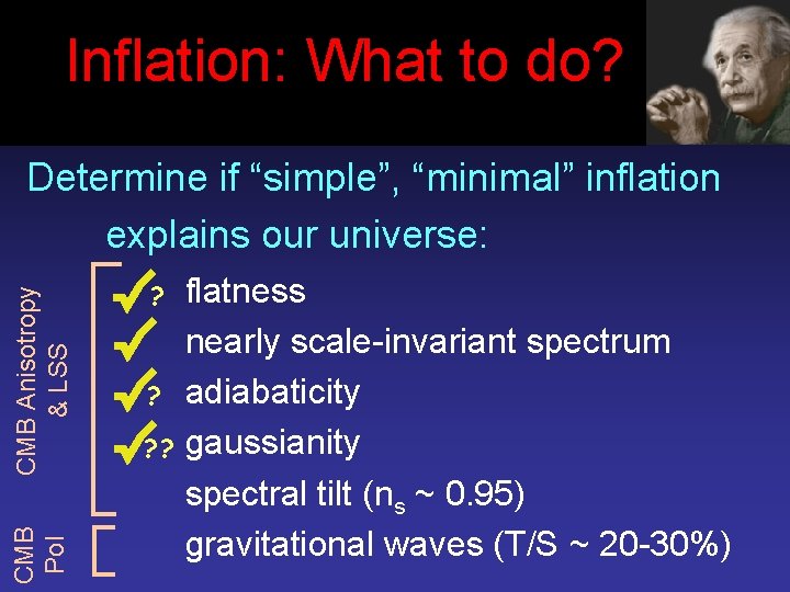 Inflation: Einstein What to 1917 do? CMB Pol CMB Anisotropy & LSS Determine if