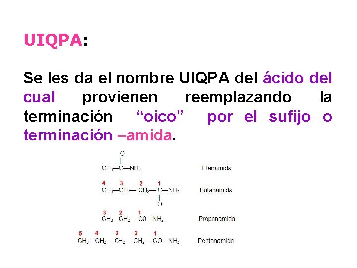 UIQPA: Se les da el nombre UIQPA del ácido del cual provienen reemplazando la