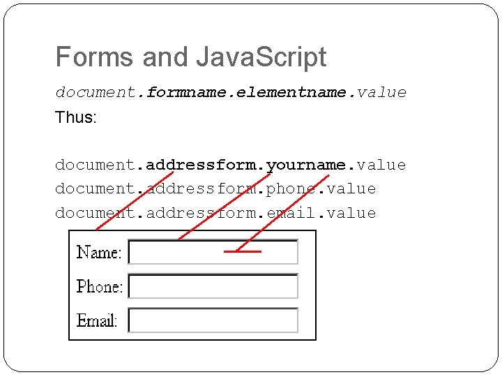Forms and Java. Script document. formname. elementname. value Thus: document. addressform. yourname. value document. Forms and Java. Script document. formname. elementname. value Thus: document. addressform. yourname. value document.
