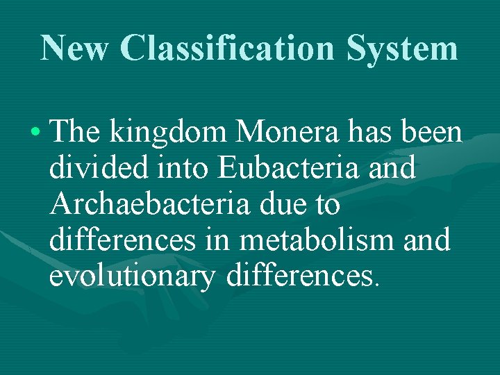 New Classification System • The kingdom Monera has been divided into Eubacteria and Archaebacteria