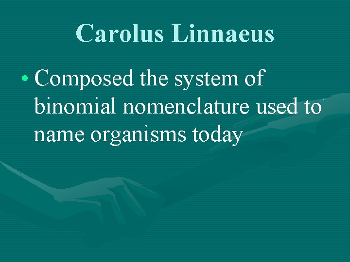 Carolus Linnaeus • Composed the system of binomial nomenclature used to name organisms today