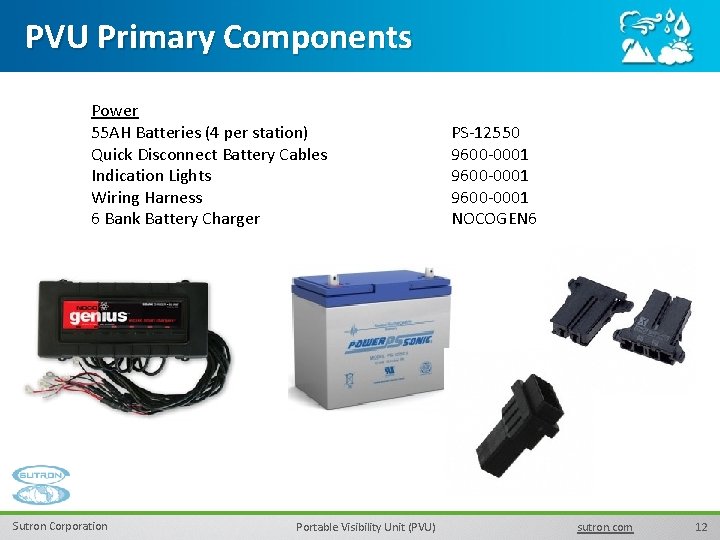 PVU Primary Components Power 55 AH Batteries (4 per station) Quick Disconnect Battery Cables