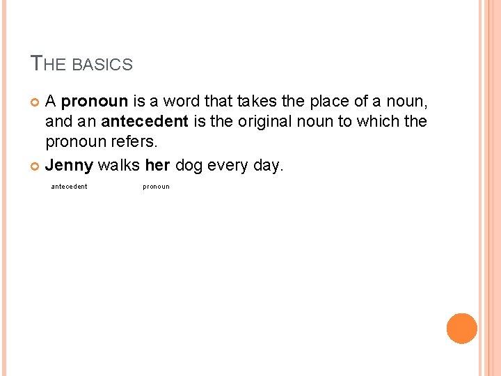 THE BASICS A pronoun is a word that takes the place of a noun,