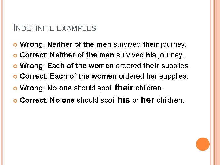 INDEFINITE EXAMPLES Wrong: Neither of the men survived their journey. Correct: Neither of the