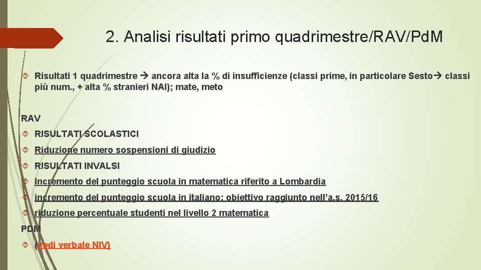 2. Analisi risultati primo quadrimestre/RAV/Pd. M Risultati 1 quadrimestre ancora alta la % di