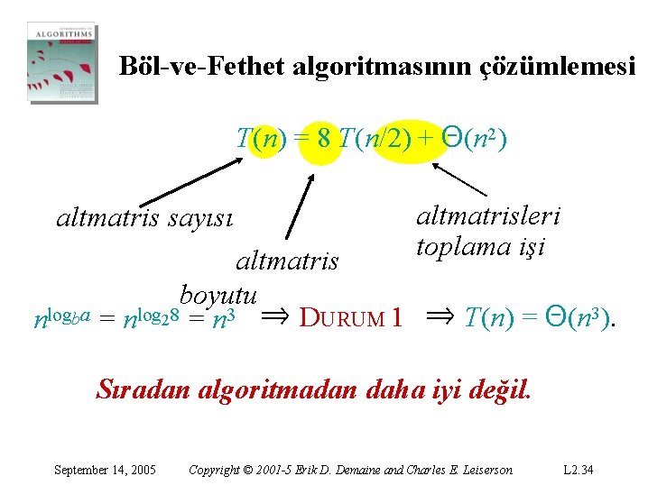 Böl-ve-Fethet algoritmasının çözümlemesi T(n) = 8 T(n/2) + Θ(n 2) altmatris sayısı nlogba altmatrisleri