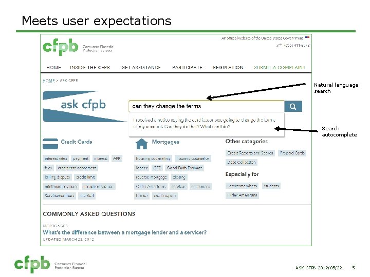 Meets user expectations Natural language search Search autocomplete ASK CFPB 2012/05/22 5 