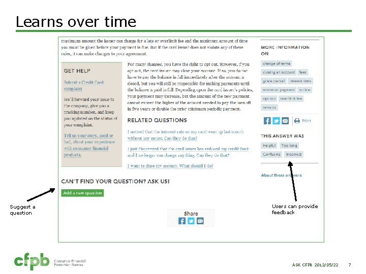 Learns over time Suggest a question Users can provide feedback ASK CFPB 2012/05/22 7