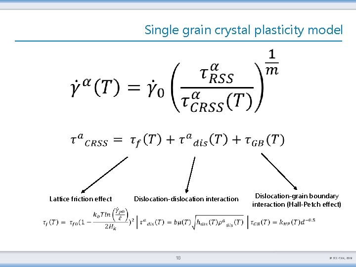 Single grain crystal plasticity model Lattice friction effect Dislocation-dislocation interaction 18 Dislocation-grain boundary interaction