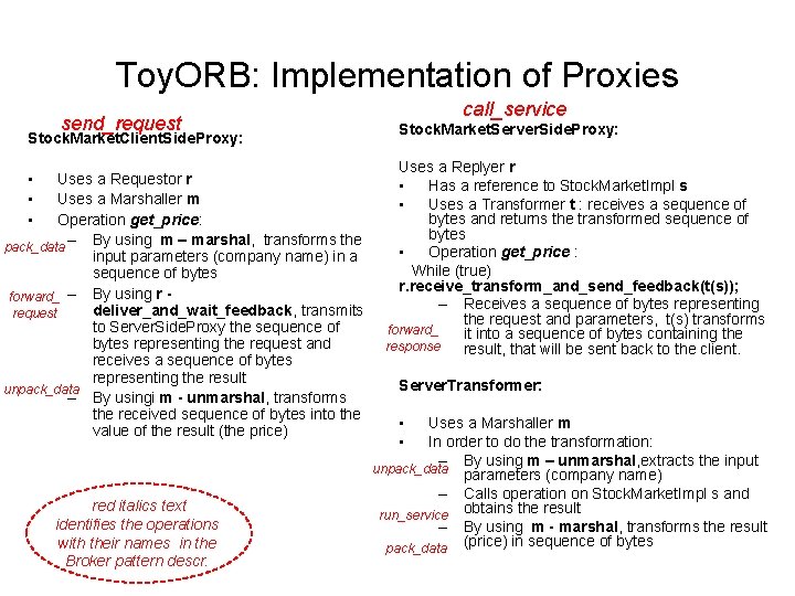 Toy. ORB: Implementation of Proxies send_request Stock. Market. Client. Side. Proxy: • • •