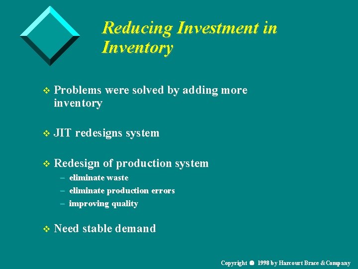 Reducing Investment in Inventory v Problems were solved by adding more inventory v JIT