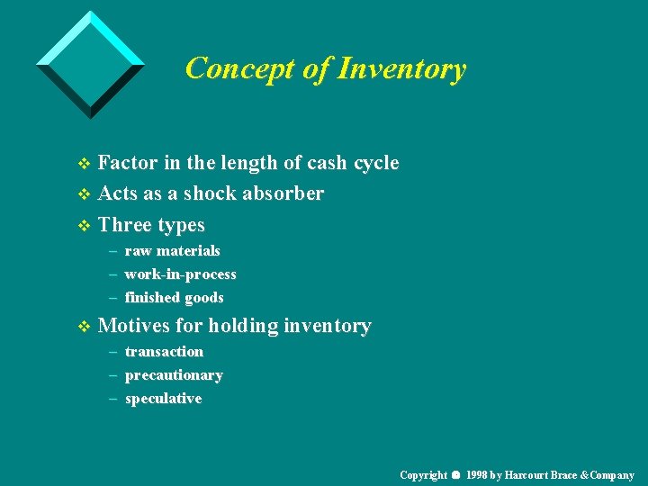 Concept of Inventory v Factor in the length of cash cycle v Acts as